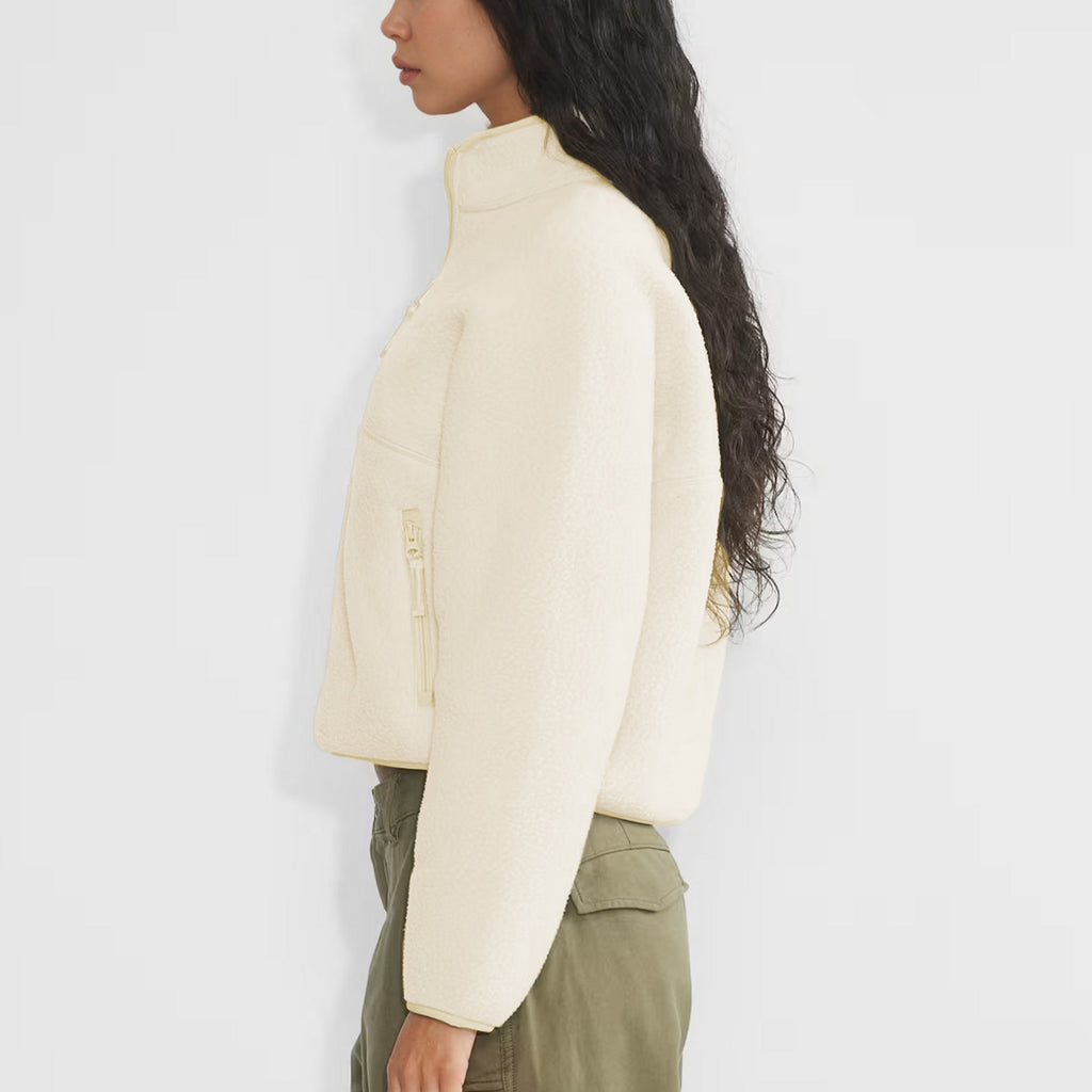 Womens Cropped Half Zip Fleece Sweatshirts Fuzzy Warm Sherpa Pullover Varsity Jackets with Zipper Pockets