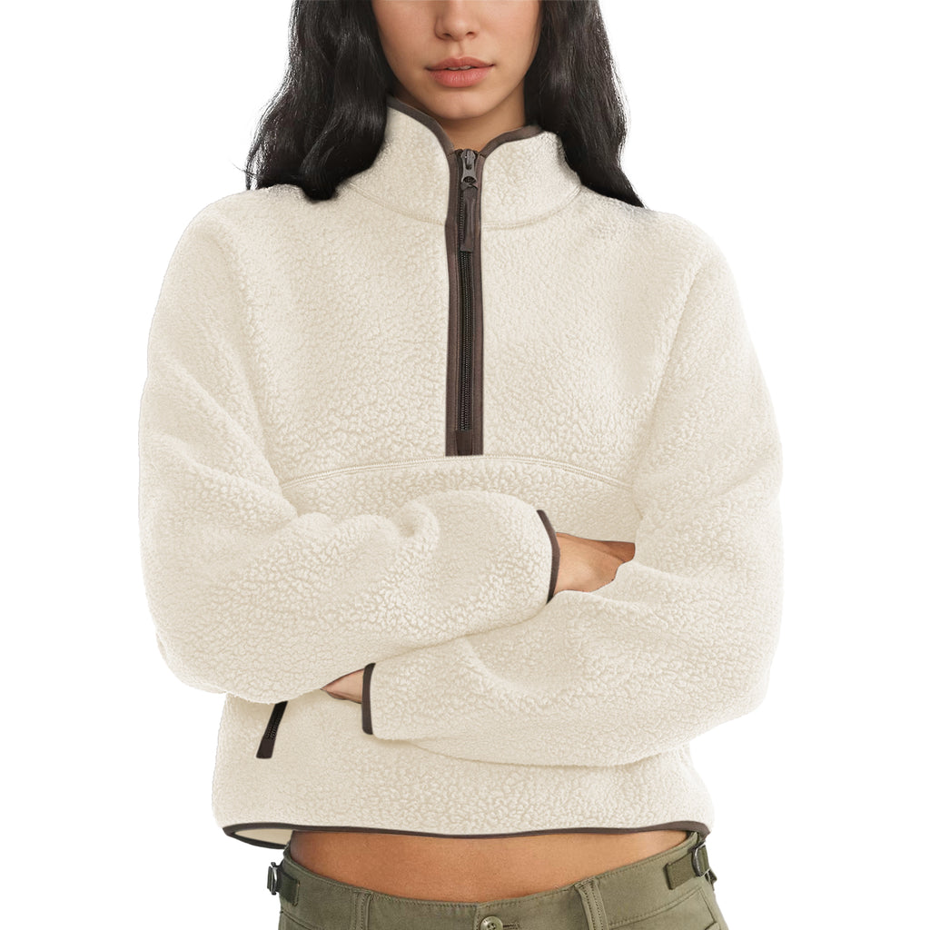 Womens Cropped Half Zip Fleece Sweatshirts Fuzzy Warm Sherpa Pullover Varsity Jackets with Zipper Pockets