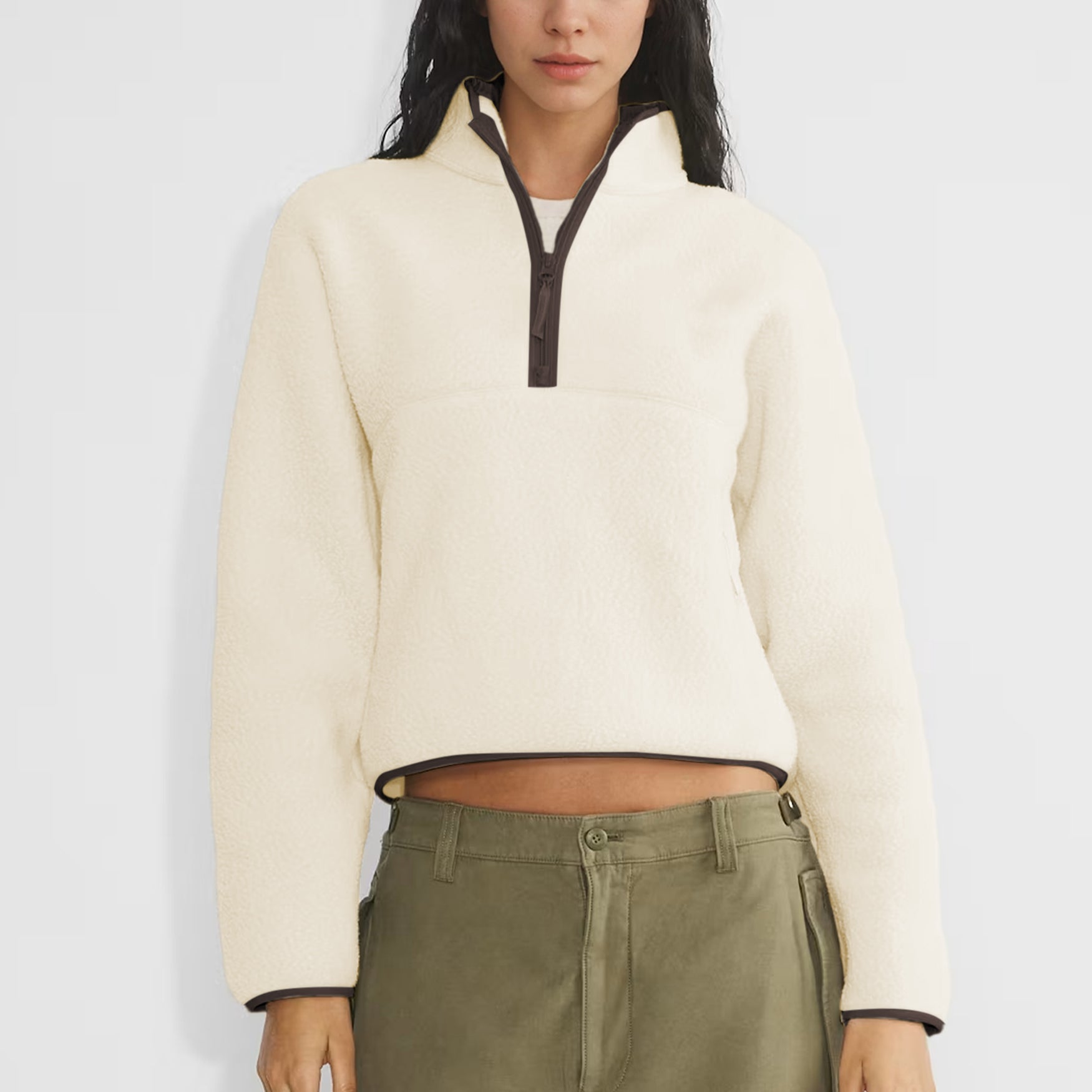 Womens Cropped Half Zip Fleece Sweatshirts Fuzzy Warm Sherpa Pullover Varsity Jackets with Zipper Pockets