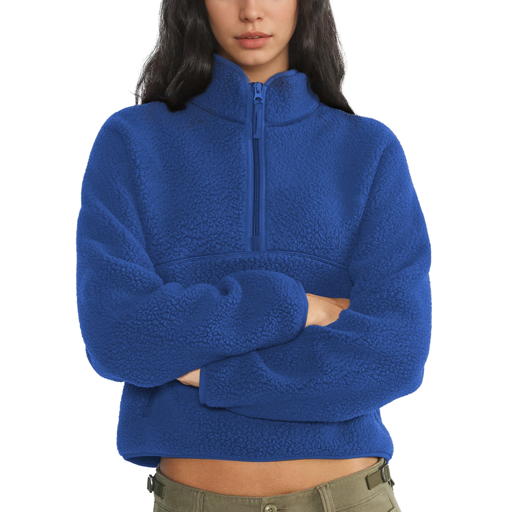 Womens Cropped Half Zip Fleece Sweatshirts Fuzzy Warm Sherpa Pullover Varsity Jackets with Zipper Pockets