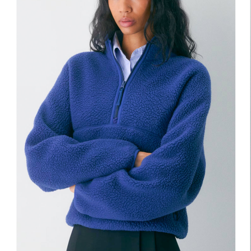 Womens Cropped Half Zip Fleece Sweatshirts Fuzzy Warm Sherpa Pullover Varsity Jackets with Zipper Pockets