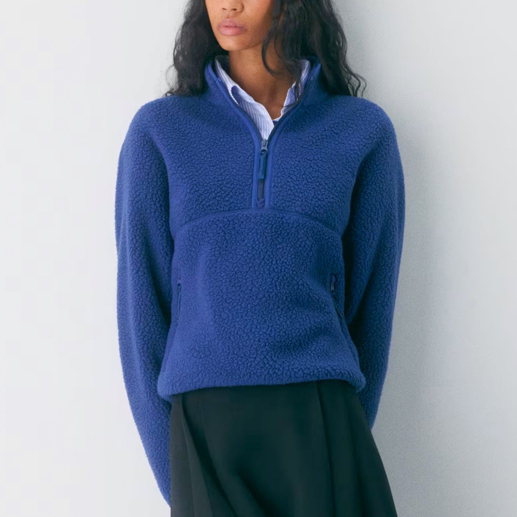 Womens Cropped Half Zip Fleece Sweatshirts Fuzzy Warm Sherpa Pullover Varsity Jackets with Zipper Pockets
