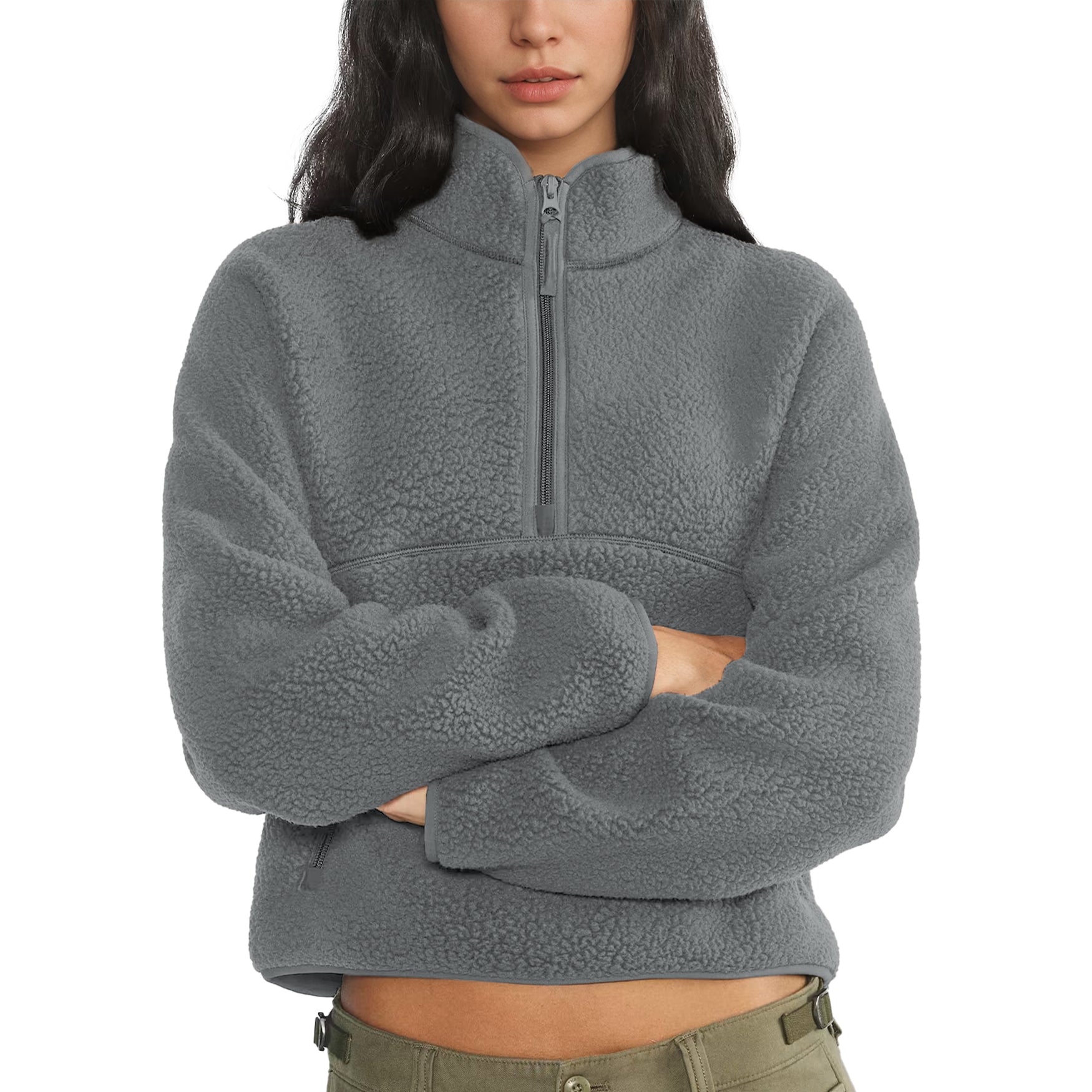 Womens Cropped Half Zip Fleece Sweatshirts Fuzzy Warm Sherpa Pullover Varsity Jackets with Zipper Pockets