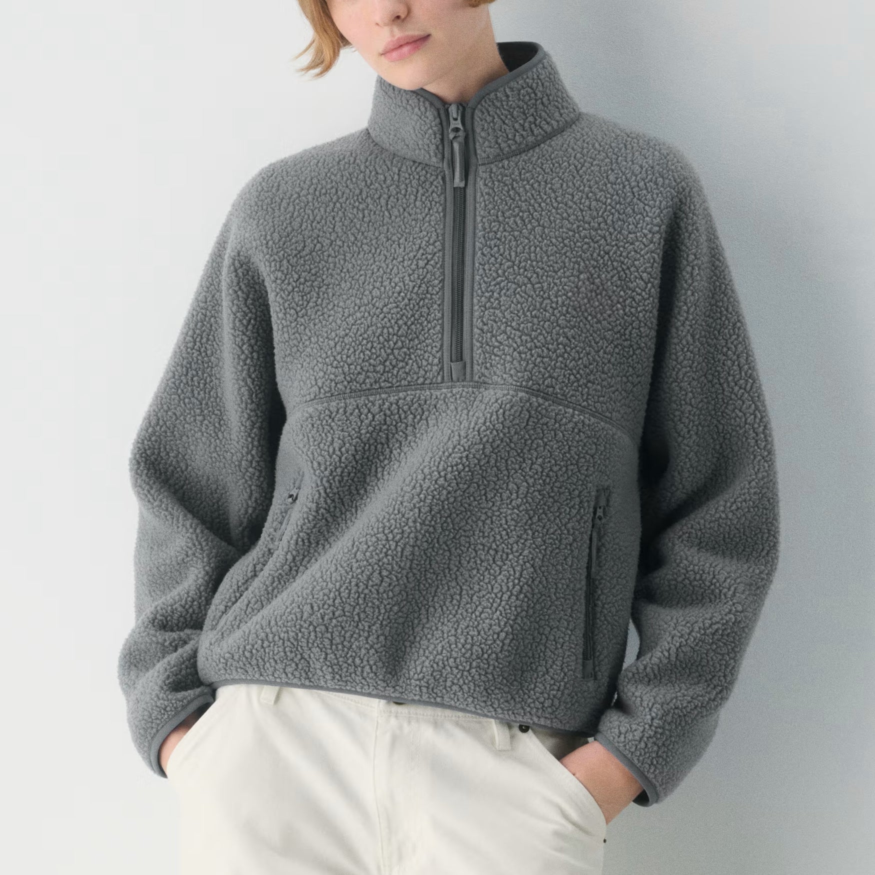 Womens Cropped Half Zip Fleece Sweatshirts Fuzzy Warm Sherpa Pullover Varsity Jackets with Zipper Pockets