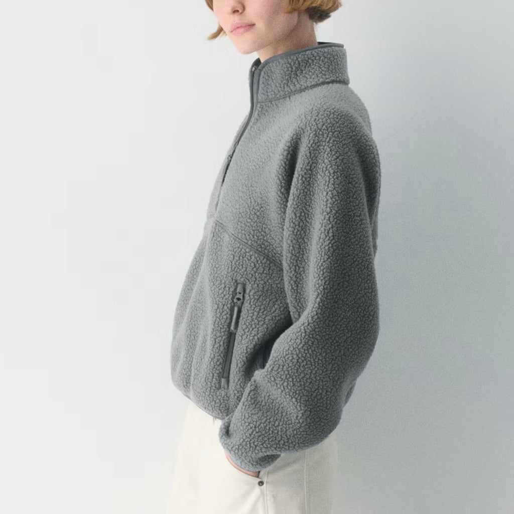 Womens Cropped Half Zip Fleece Sweatshirts Fuzzy Warm Sherpa Pullover Varsity Jackets with Zipper Pockets