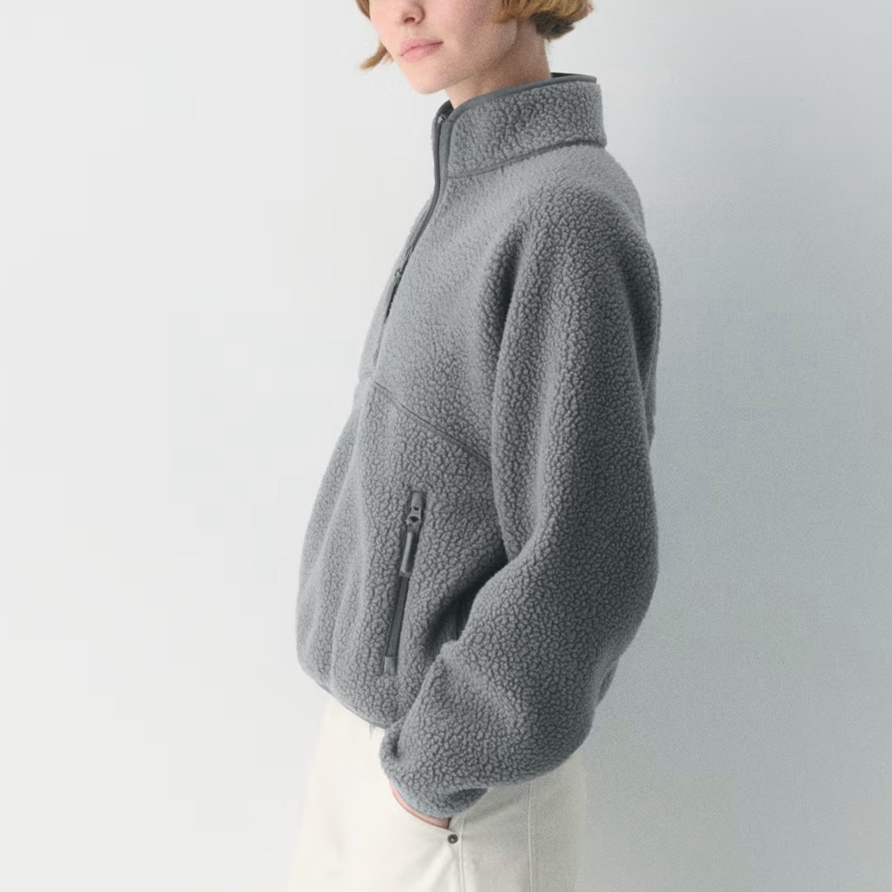 Womens Cropped Half Zip Fleece Sweatshirts Fuzzy Warm Sherpa Pullover Varsity Jackets with Zipper Pockets