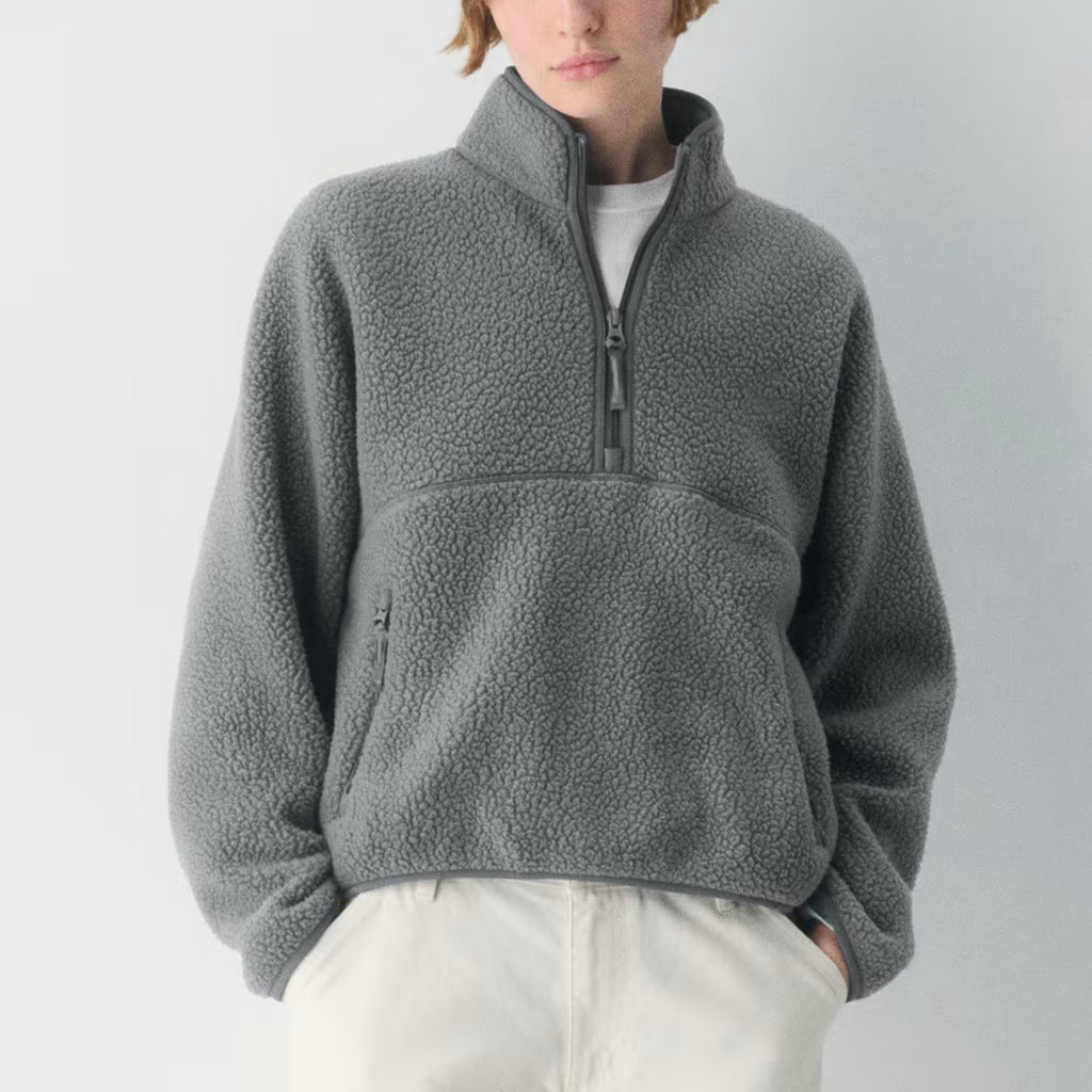 Womens Cropped Half Zip Fleece Sweatshirts Fuzzy Warm Sherpa Pullover Varsity Jackets with Zipper Pockets