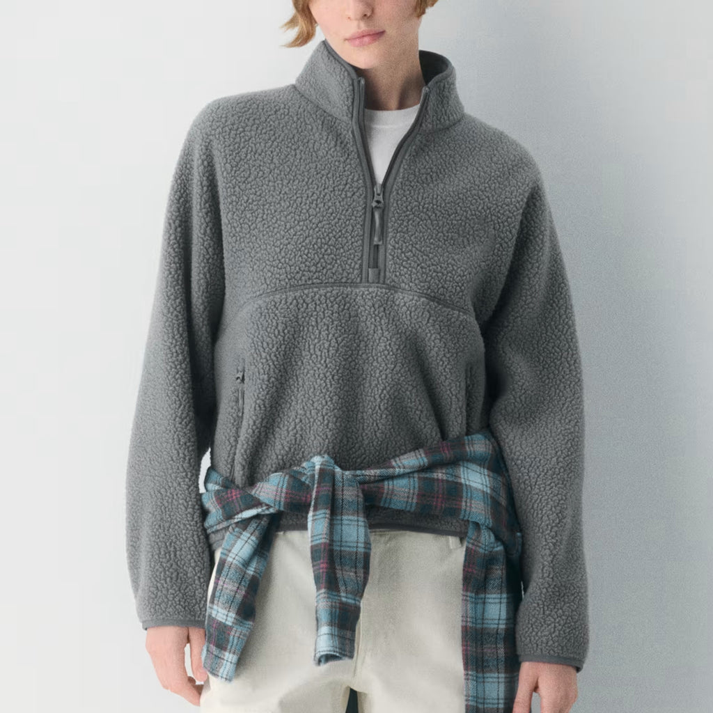 Womens Cropped Half Zip Fleece Sweatshirts Fuzzy Warm Sherpa Pullover Varsity Jackets with Zipper Pockets