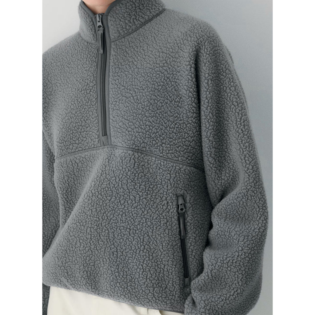 Womens Cropped Half Zip Fleece Sweatshirts Fuzzy Warm Sherpa Pullover Varsity Jackets with Zipper Pockets