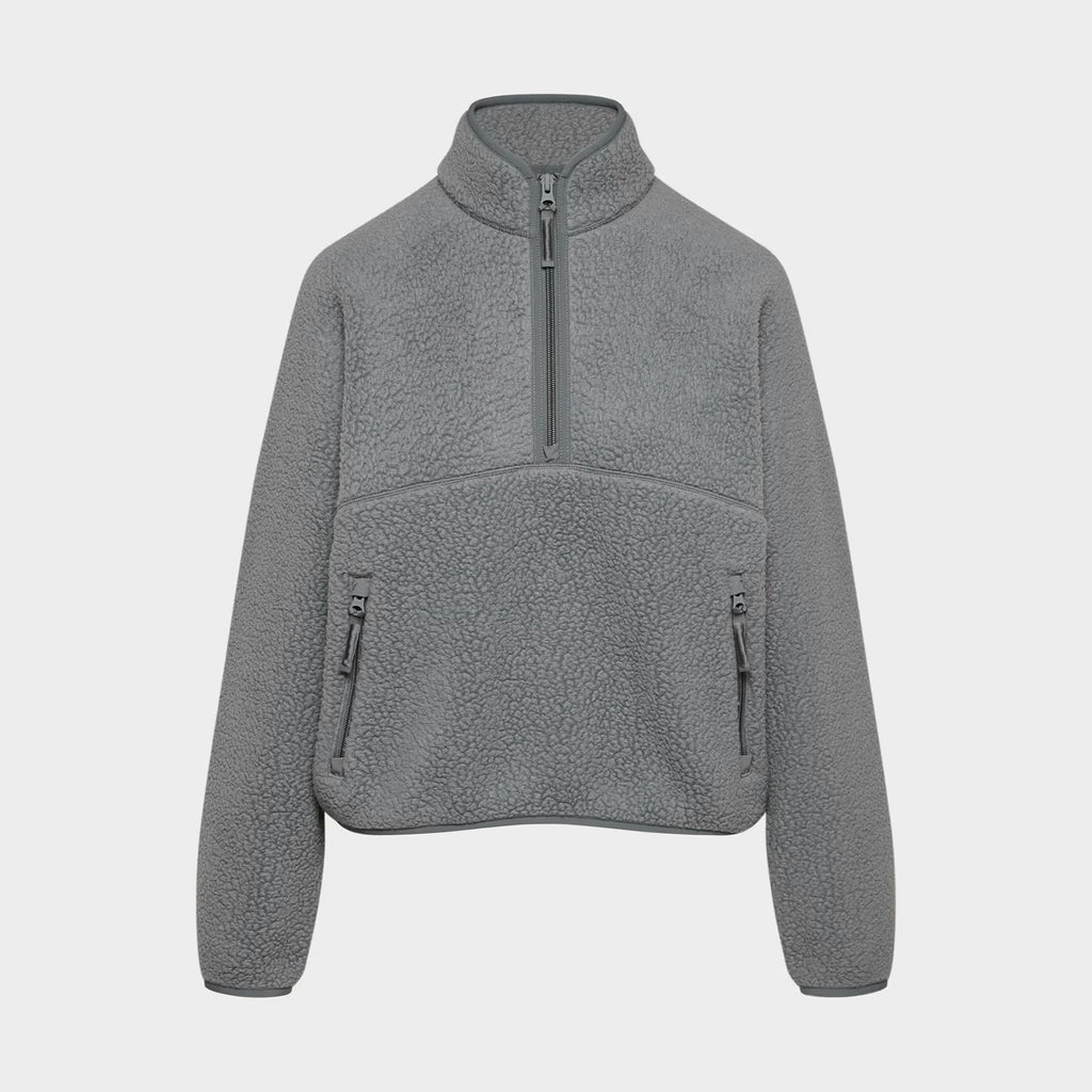 Womens Cropped Half Zip Fleece Sweatshirts Fuzzy Warm Sherpa Pullover Varsity Jackets with Zipper Pockets