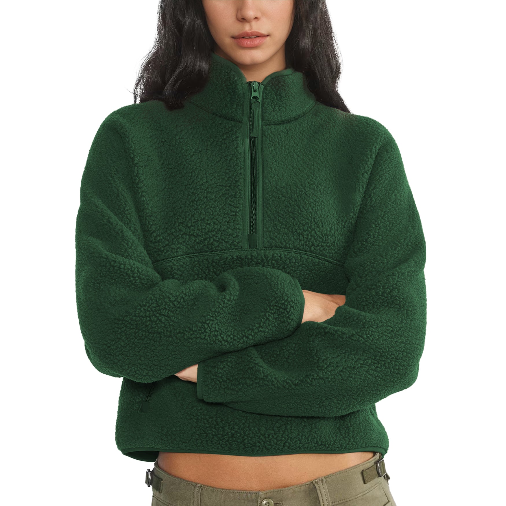 Womens Cropped Half Zip Fleece Sweatshirts Fuzzy Warm Sherpa Pullover Varsity Jackets with Zipper Pockets