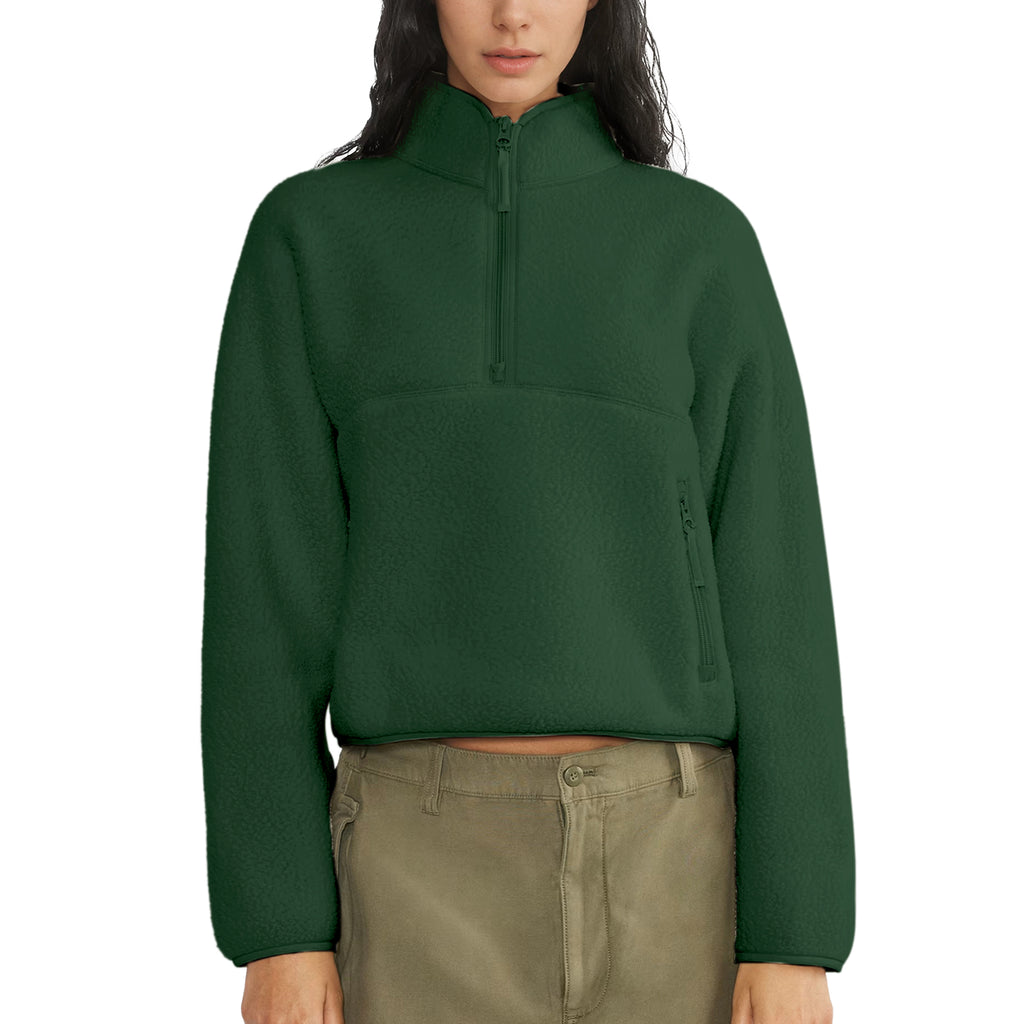 Womens Cropped Half Zip Fleece Sweatshirts Fuzzy Warm Sherpa Pullover Varsity Jackets with Zipper Pockets