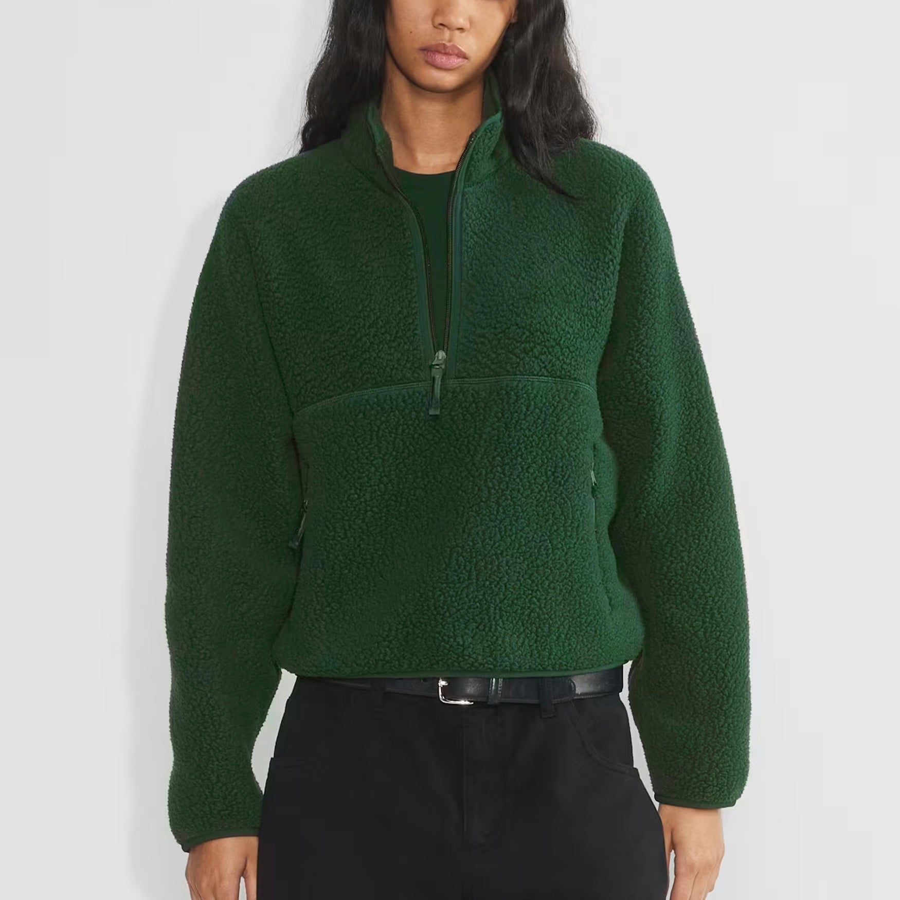 Womens Cropped Half Zip Fleece Sweatshirts Fuzzy Warm Sherpa Pullover Varsity Jackets with Zipper Pockets