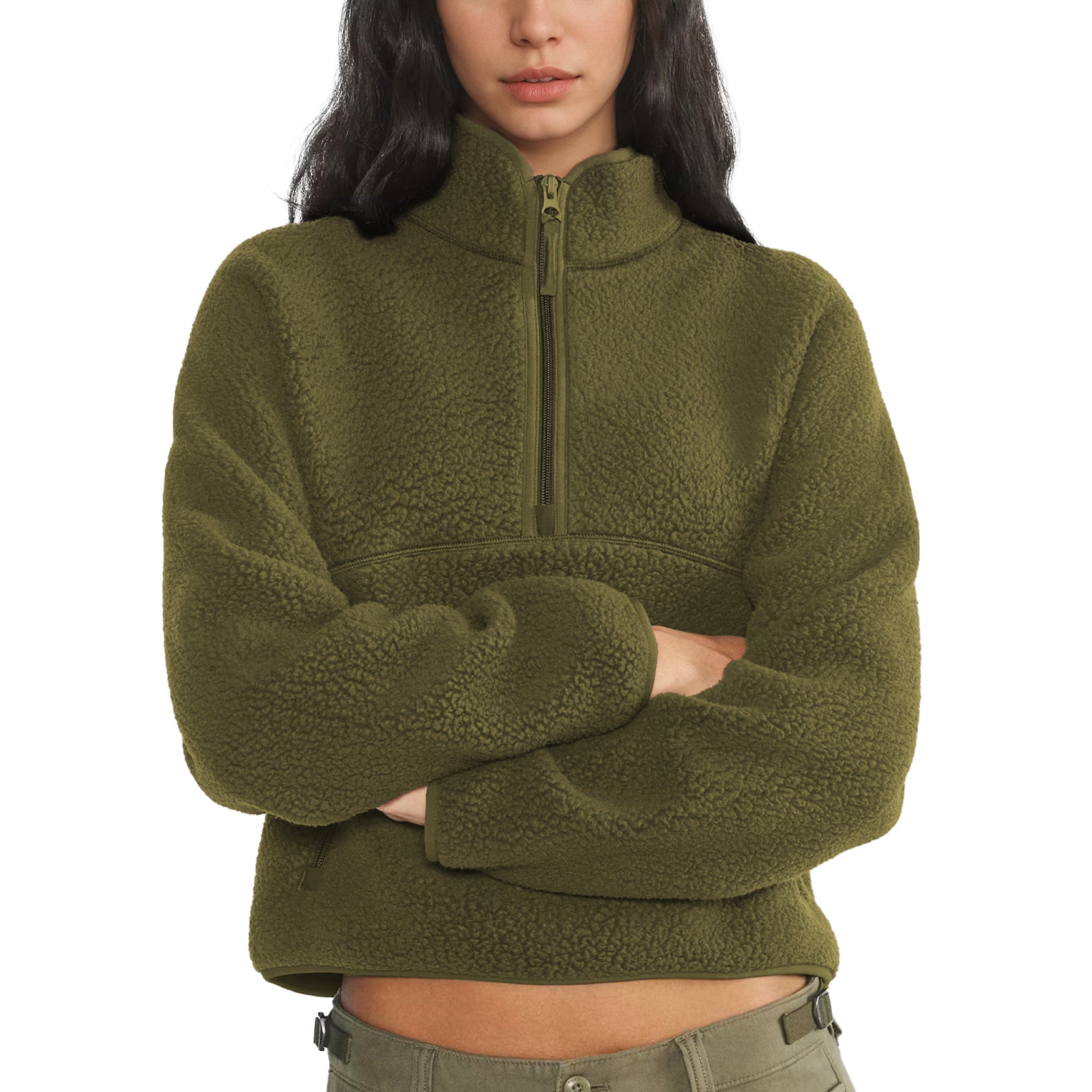 Womens Cropped Half Zip Fleece Sweatshirts Fuzzy Warm Sherpa Pullover Varsity Jackets with Zipper Pockets