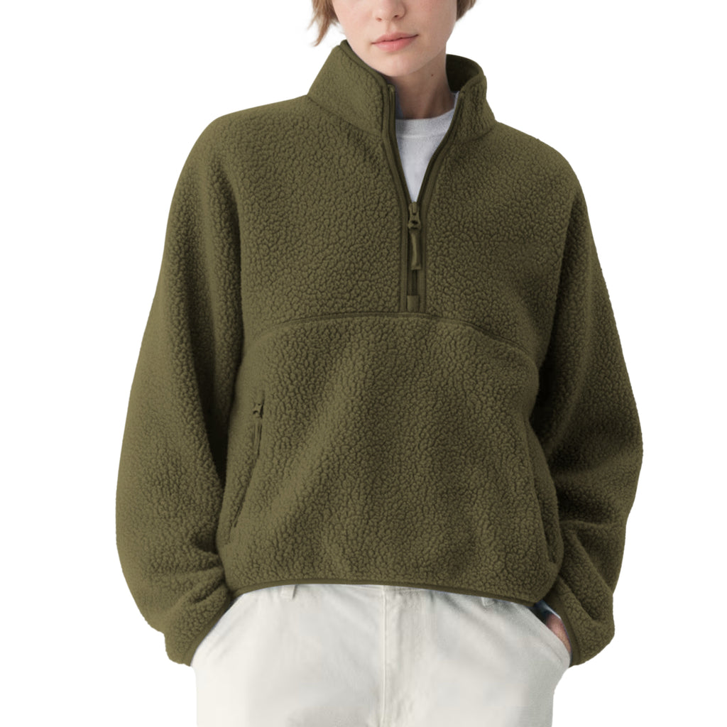 Womens Cropped Half Zip Fleece Sweatshirts Fuzzy Warm Sherpa Pullover Varsity Jackets with Zipper Pockets