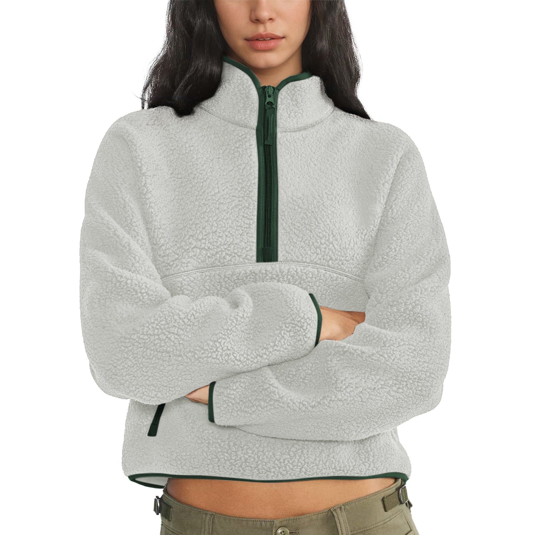 Womens Cropped Half Zip Fleece Sweatshirts Fuzzy Warm Sherpa Pullover Varsity Jackets with Zipper Pockets