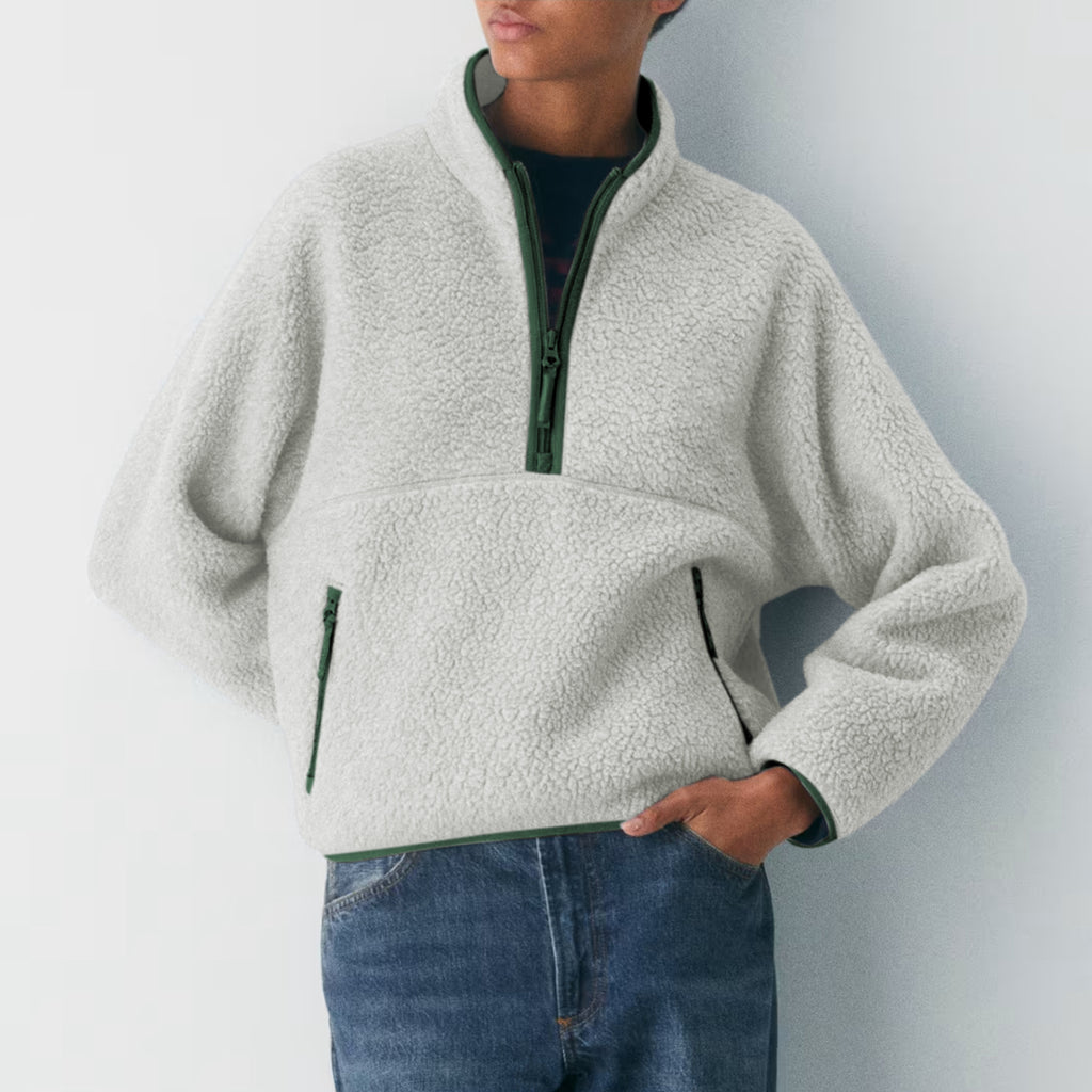 Womens Cropped Half Zip Fleece Sweatshirts Fuzzy Warm Sherpa Pullover Varsity Jackets with Zipper Pockets