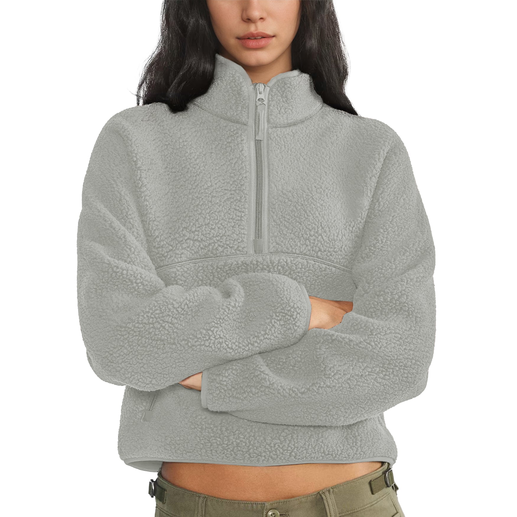 Womens Cropped Half Zip Fleece Sweatshirts Fuzzy Warm Sherpa Pullover Varsity Jackets with Zipper Pockets