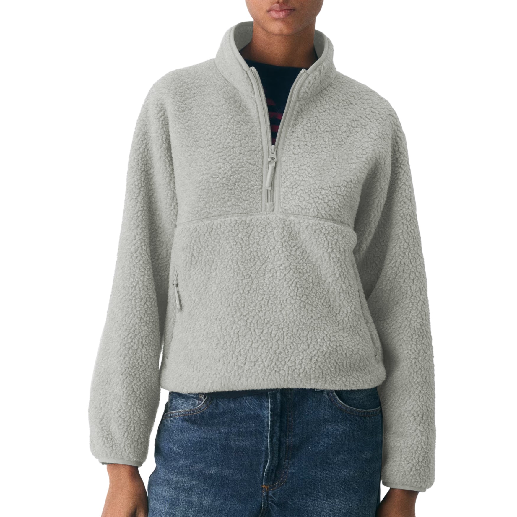 Womens Cropped Half Zip Fleece Sweatshirts Fuzzy Warm Sherpa Pullover Varsity Jackets with Zipper Pockets