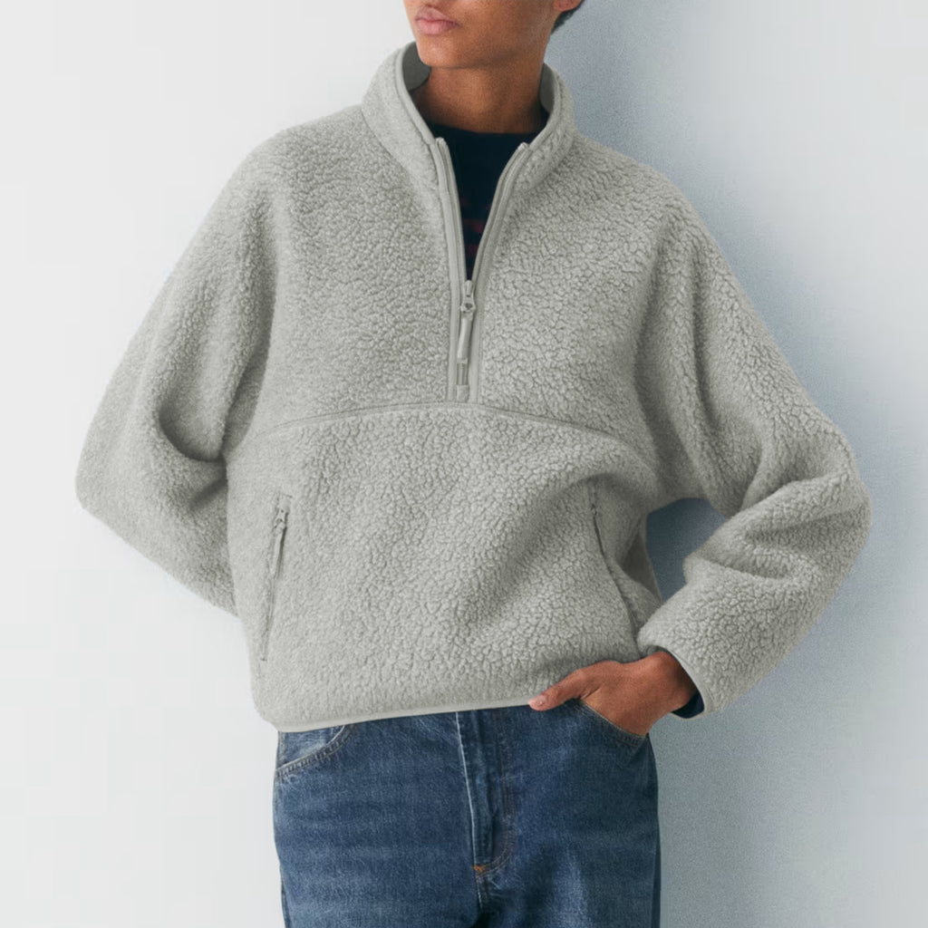 Womens Cropped Half Zip Fleece Sweatshirts Fuzzy Warm Sherpa Pullover Varsity Jackets with Zipper Pockets