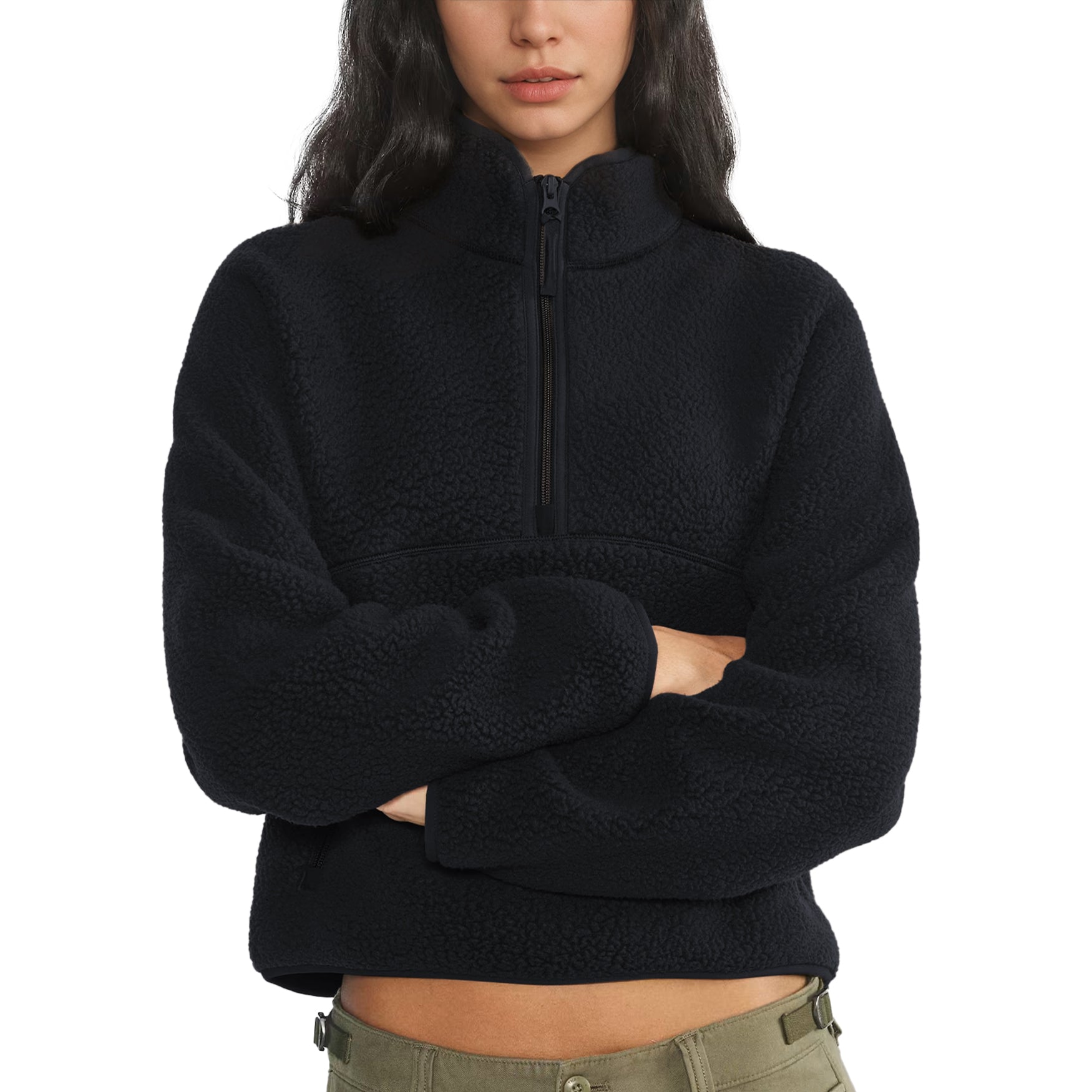 Womens Cropped Half Zip Fleece Sweatshirts Fuzzy Warm Sherpa Pullover Varsity Jackets with Zipper Pockets