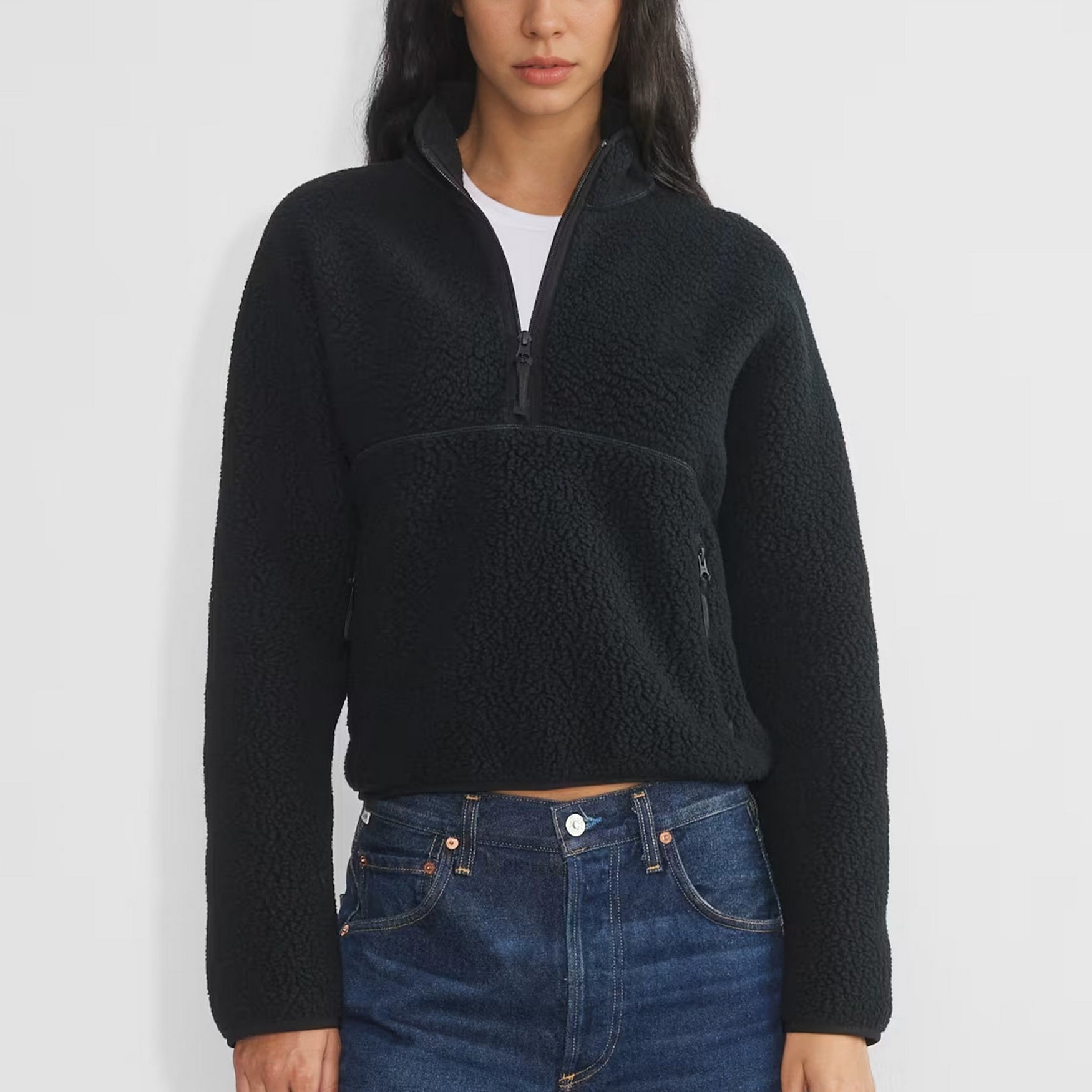Womens Cropped Half Zip Fleece Sweatshirts Fuzzy Warm Sherpa Pullover Varsity Jackets with Zipper Pockets