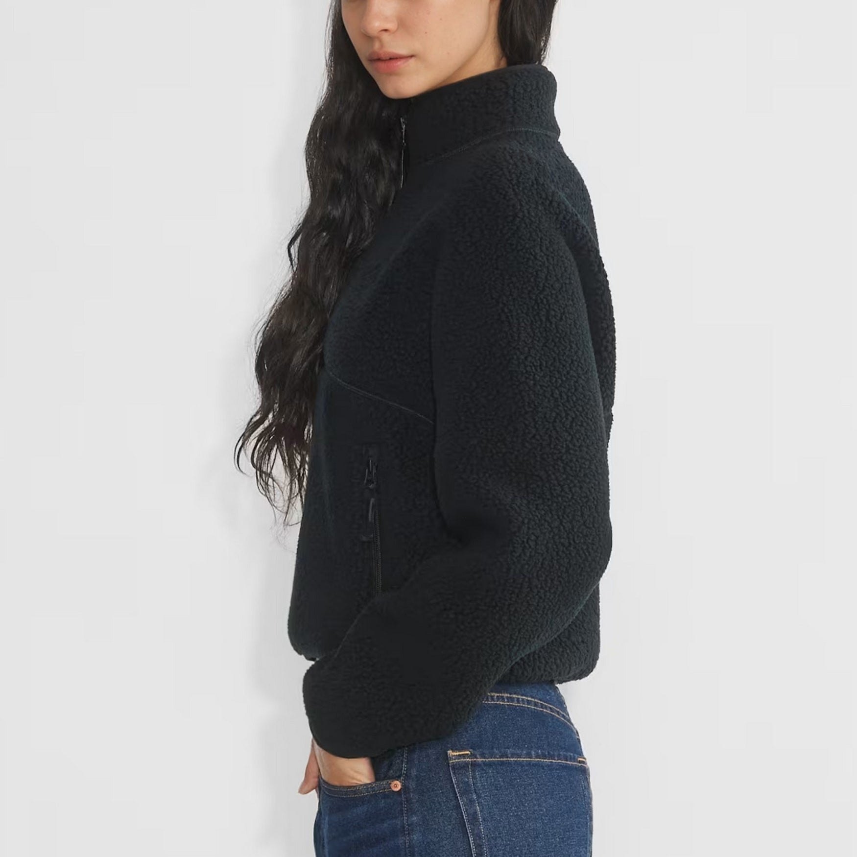 Womens Cropped Half Zip Fleece Sweatshirts Fuzzy Warm Sherpa Pullover Varsity Jackets with Zipper Pockets