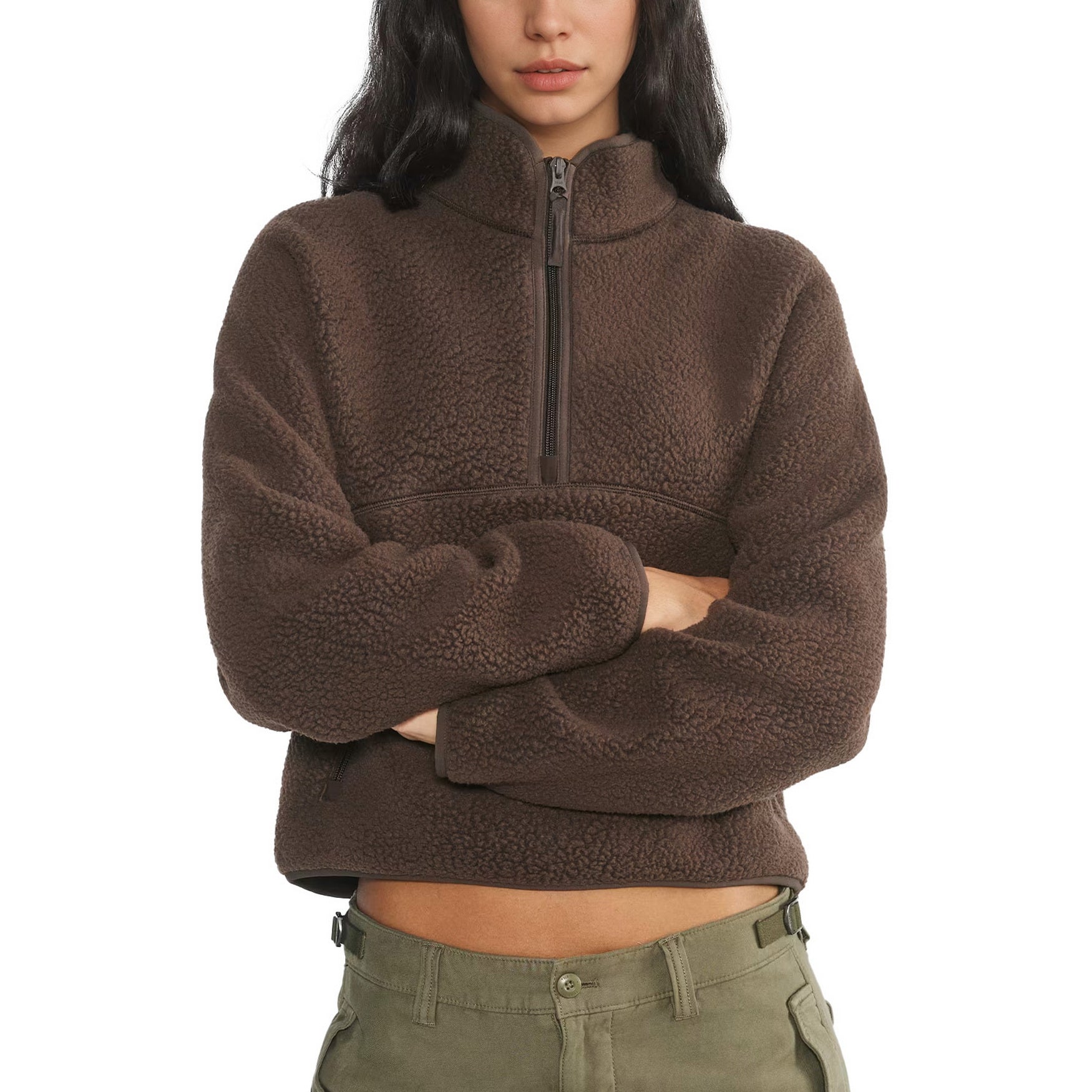 Womens Cropped Half Zip Fleece Sweatshirts Fuzzy Warm Sherpa Pullover Varsity Jackets with Zipper Pockets