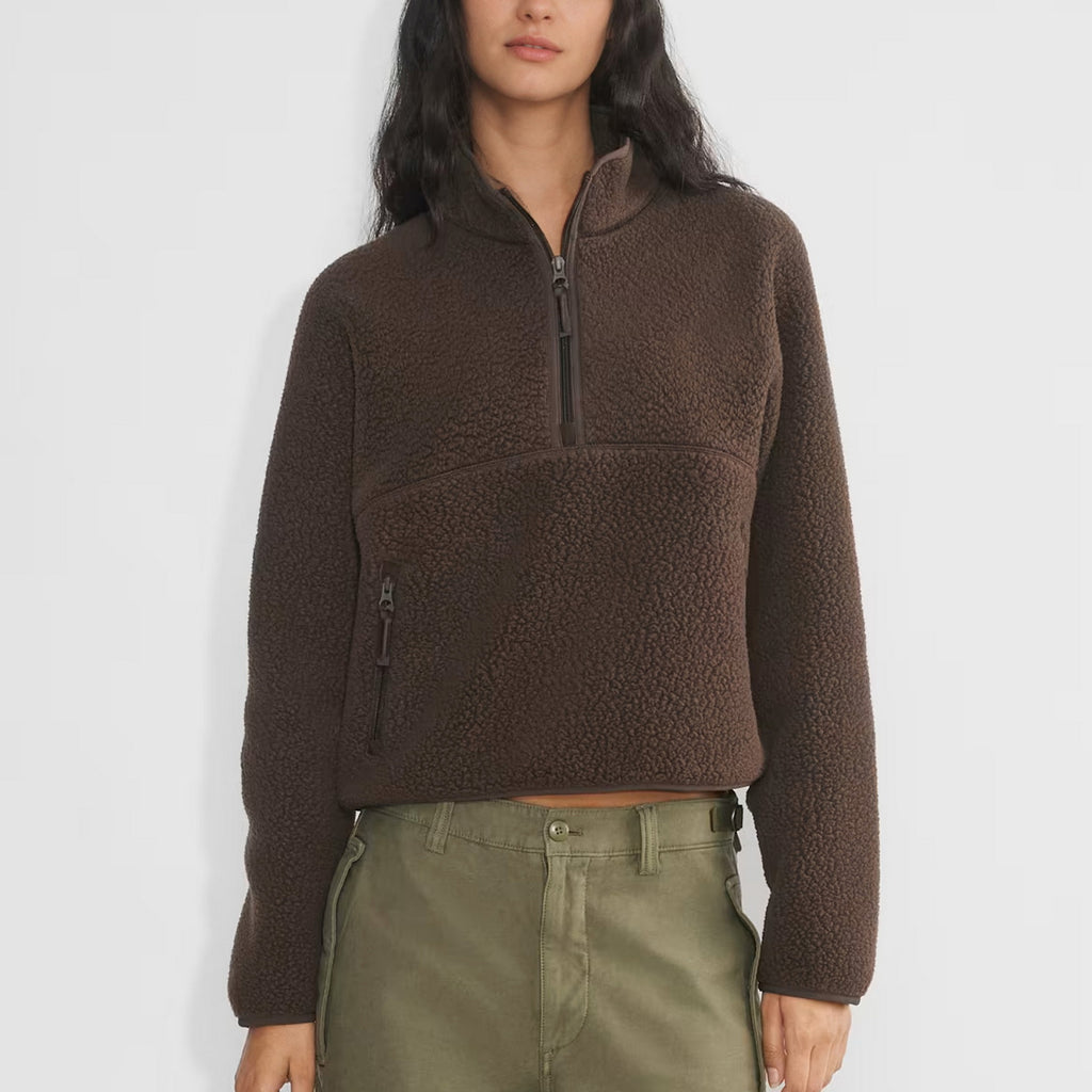 Womens Cropped Half Zip Fleece Sweatshirts Fuzzy Warm Sherpa Pullover Varsity Jackets with Zipper Pockets