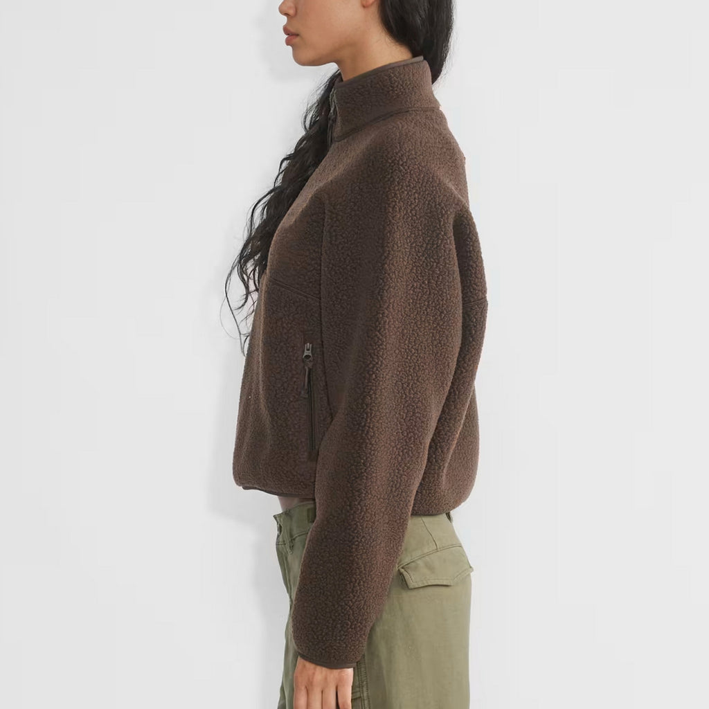 Womens Cropped Half Zip Fleece Sweatshirts Fuzzy Warm Sherpa Pullover Varsity Jackets with Zipper Pockets