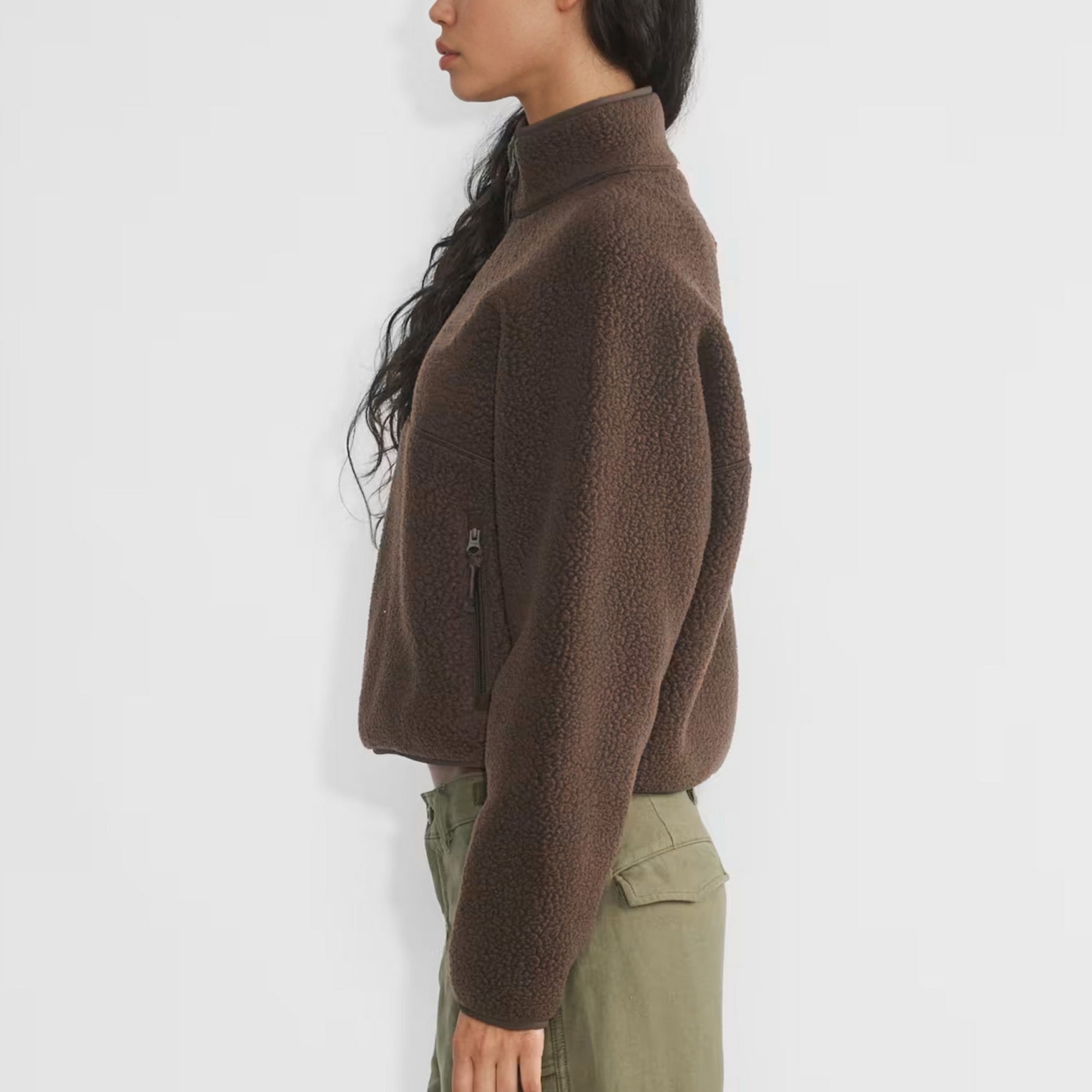 Womens Cropped Half Zip Fleece Sweatshirts Fuzzy Warm Sherpa Pullover Varsity Jackets with Zipper Pockets