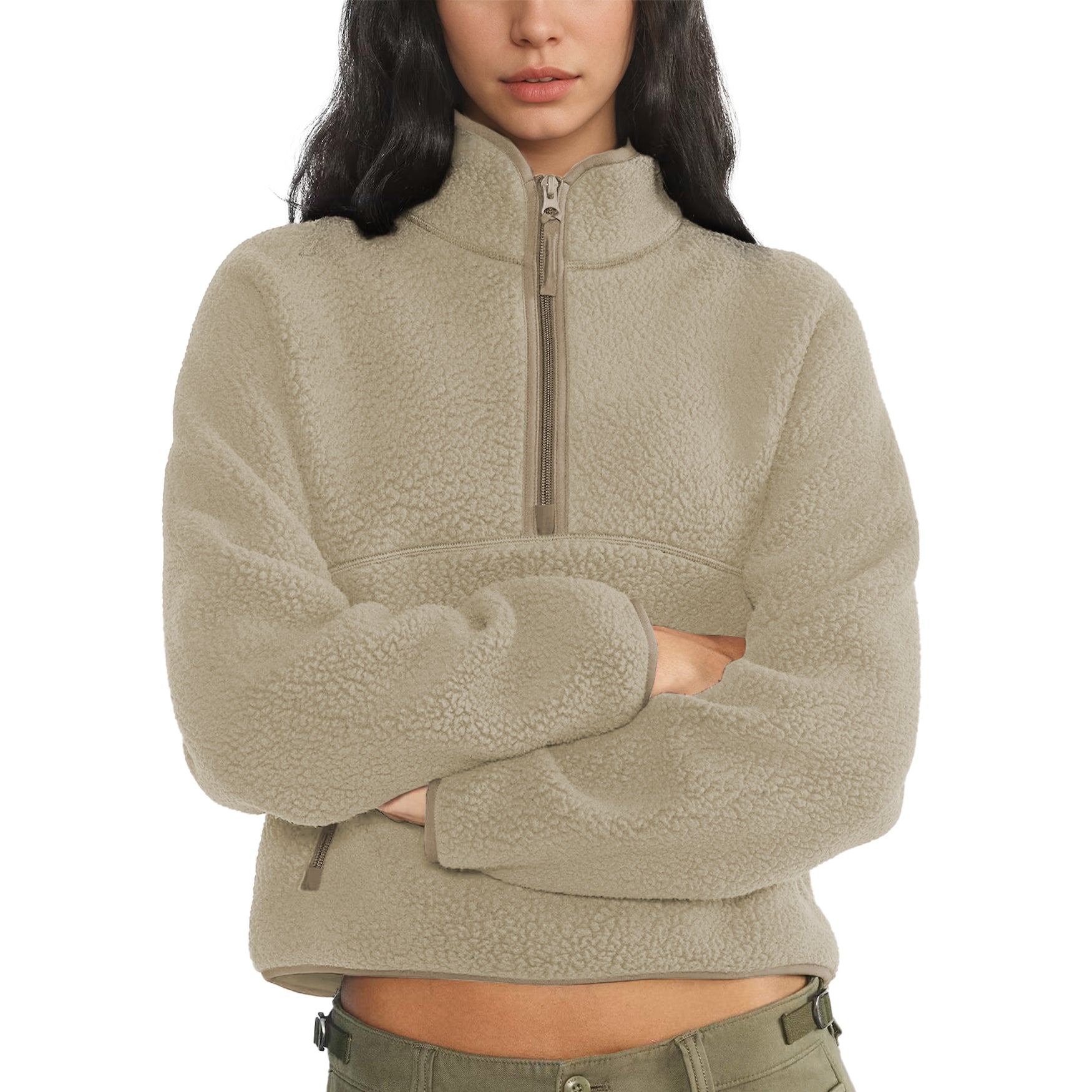 Womens Cropped Half Zip Fleece Sweatshirts Fuzzy Warm Sherpa Pullover Varsity Jackets with Zipper Pockets