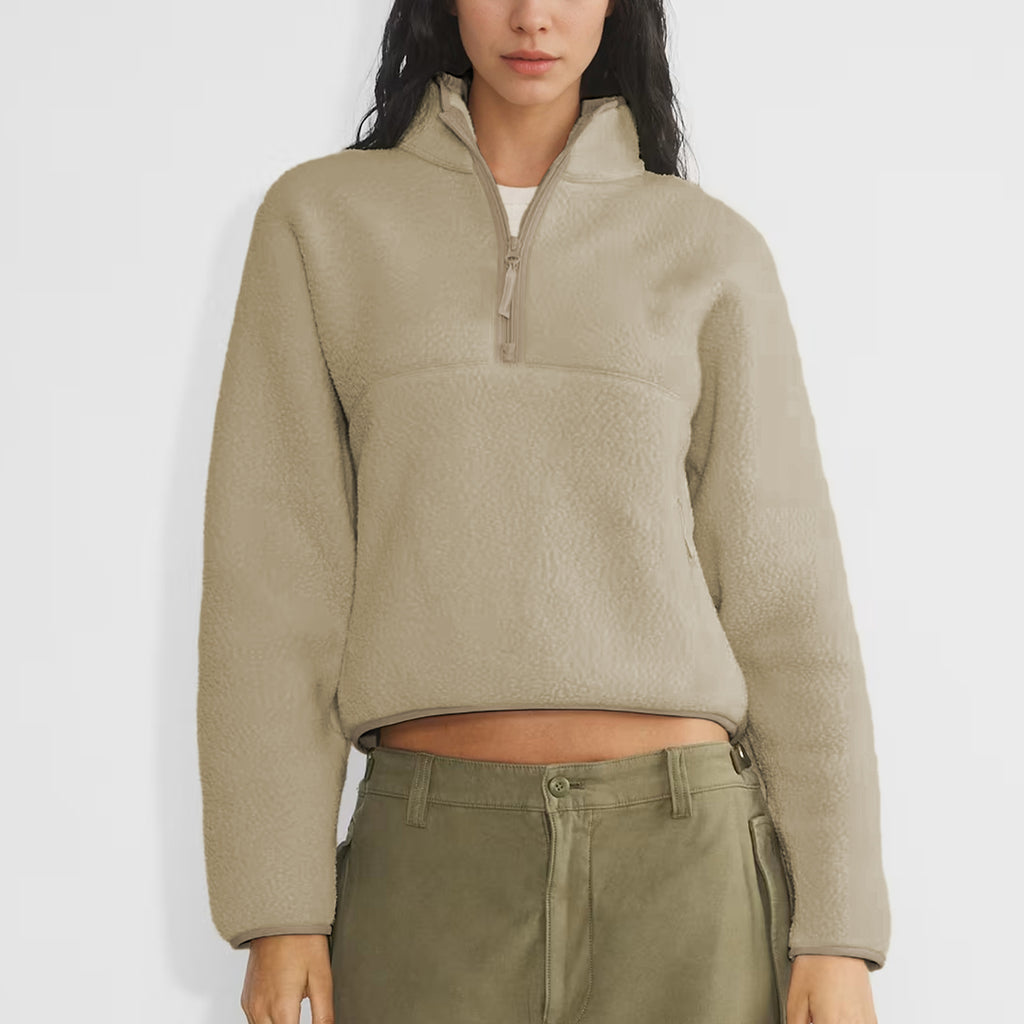 Womens Cropped Half Zip Fleece Sweatshirts Fuzzy Warm Sherpa Pullover Varsity Jackets with Zipper Pockets