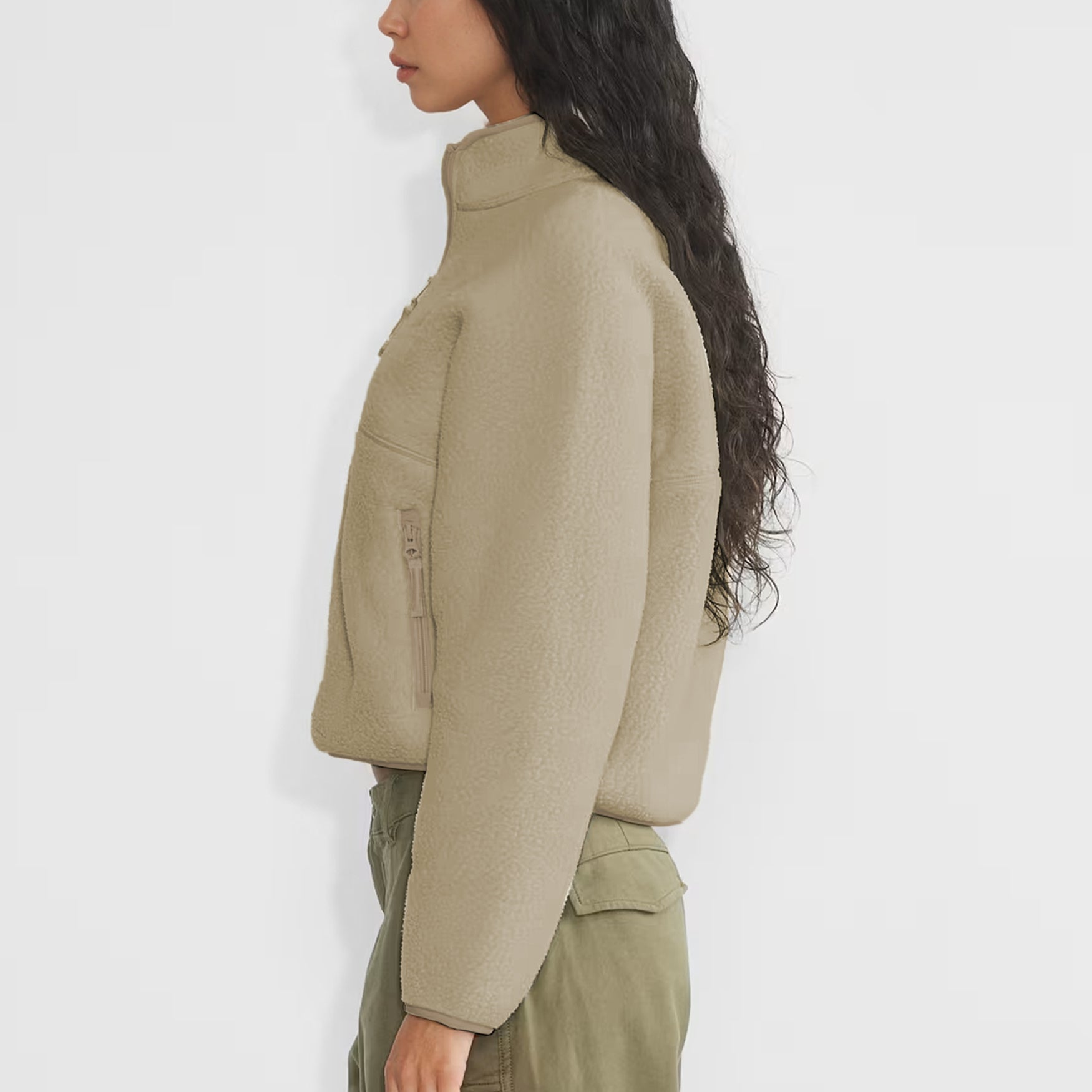 Womens Cropped Half Zip Fleece Sweatshirts Fuzzy Warm Sherpa Pullover Varsity Jackets with Zipper Pockets