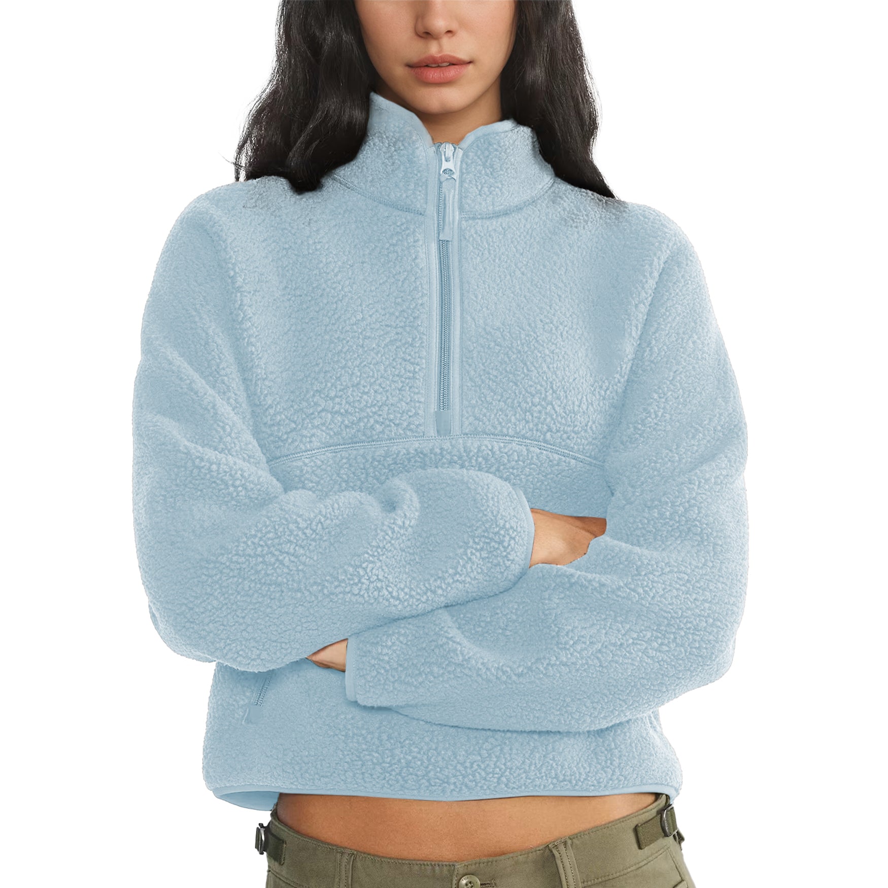 Womens Cropped Half Zip Fleece Sweatshirts Fuzzy Warm Sherpa Pullover Varsity Jackets with Zipper Pockets