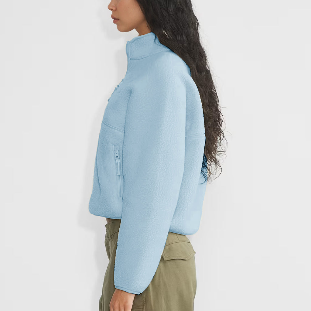 Womens Cropped Half Zip Fleece Sweatshirts Fuzzy Warm Sherpa Pullover Varsity Jackets with Zipper Pockets