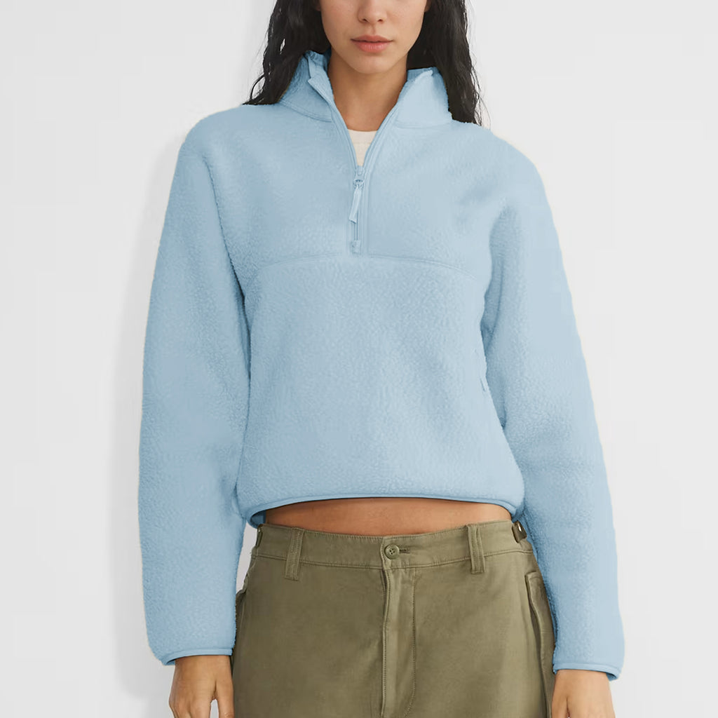 Womens Cropped Half Zip Fleece Sweatshirts Fuzzy Warm Sherpa Pullover Varsity Jackets with Zipper Pockets