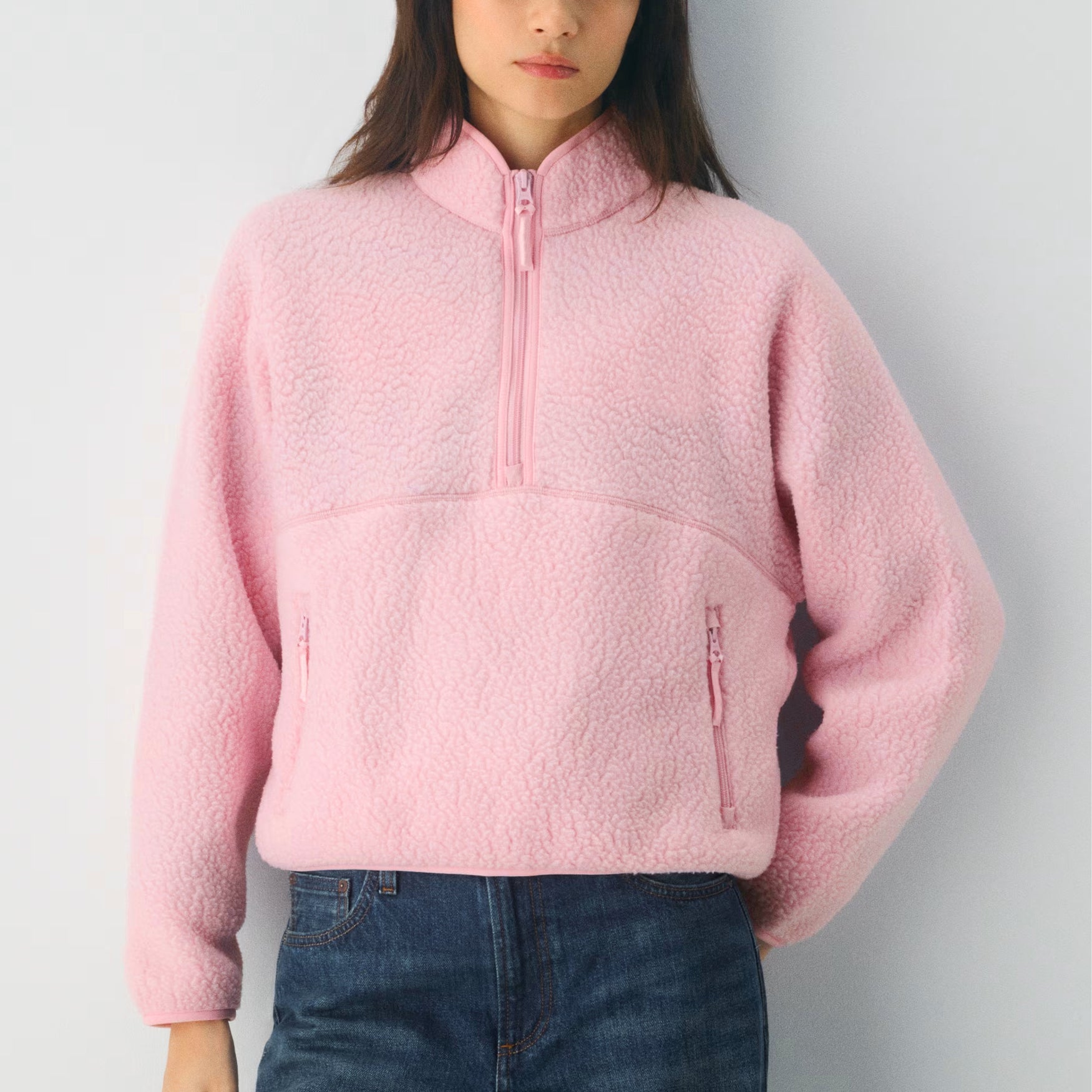 Womens Cropped Half Zip Fleece Sweatshirts Fuzzy Warm Sherpa Pullover Varsity Jackets with Zipper Pockets