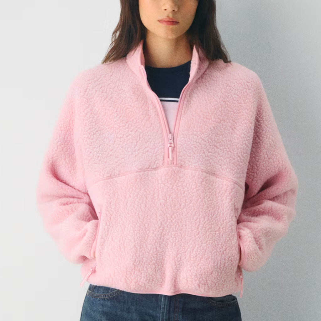 Womens Cropped Half Zip Fleece Sweatshirts Fuzzy Warm Sherpa Pullover Varsity Jackets with Zipper Pockets