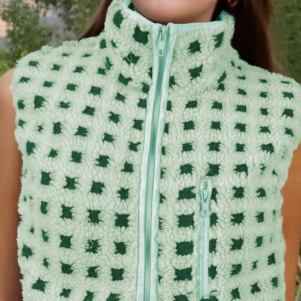 Womens Checkered Sherpa Vest Sleeveless Winter Fleece Jacket High Neck Zip Up Plaid Gilet with Chest Pocket