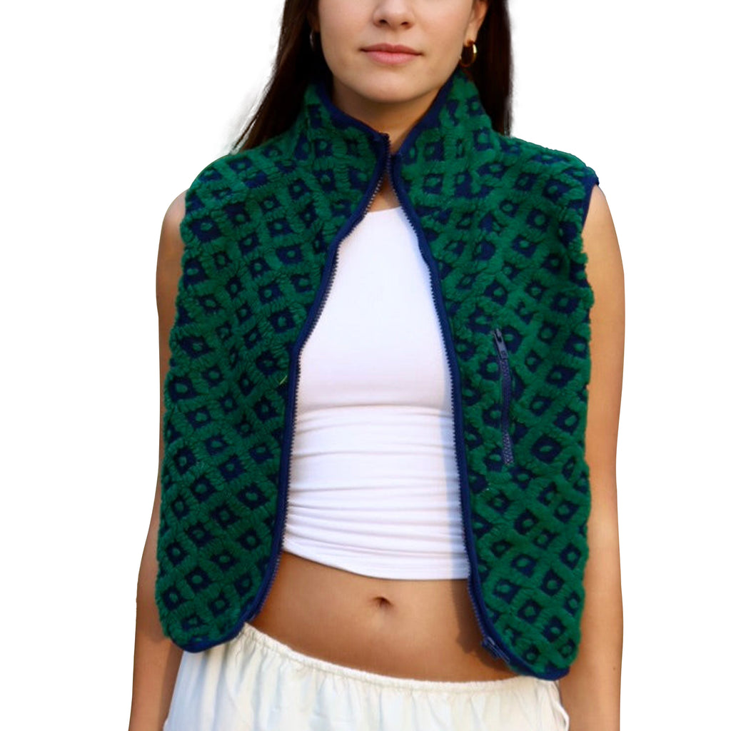 Womens Checkered Sherpa Vest Sleeveless Winter Fleece Jacket High Neck Zip Up Plaid Gilet with Chest Pocket