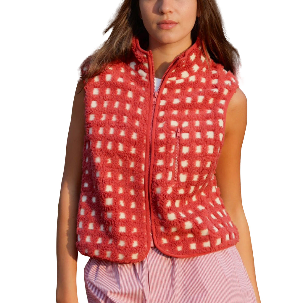 Womens Checkered Sherpa Vest Sleeveless Winter Fleece Jacket High Neck Zip Up Plaid Gilet with Chest Pocket